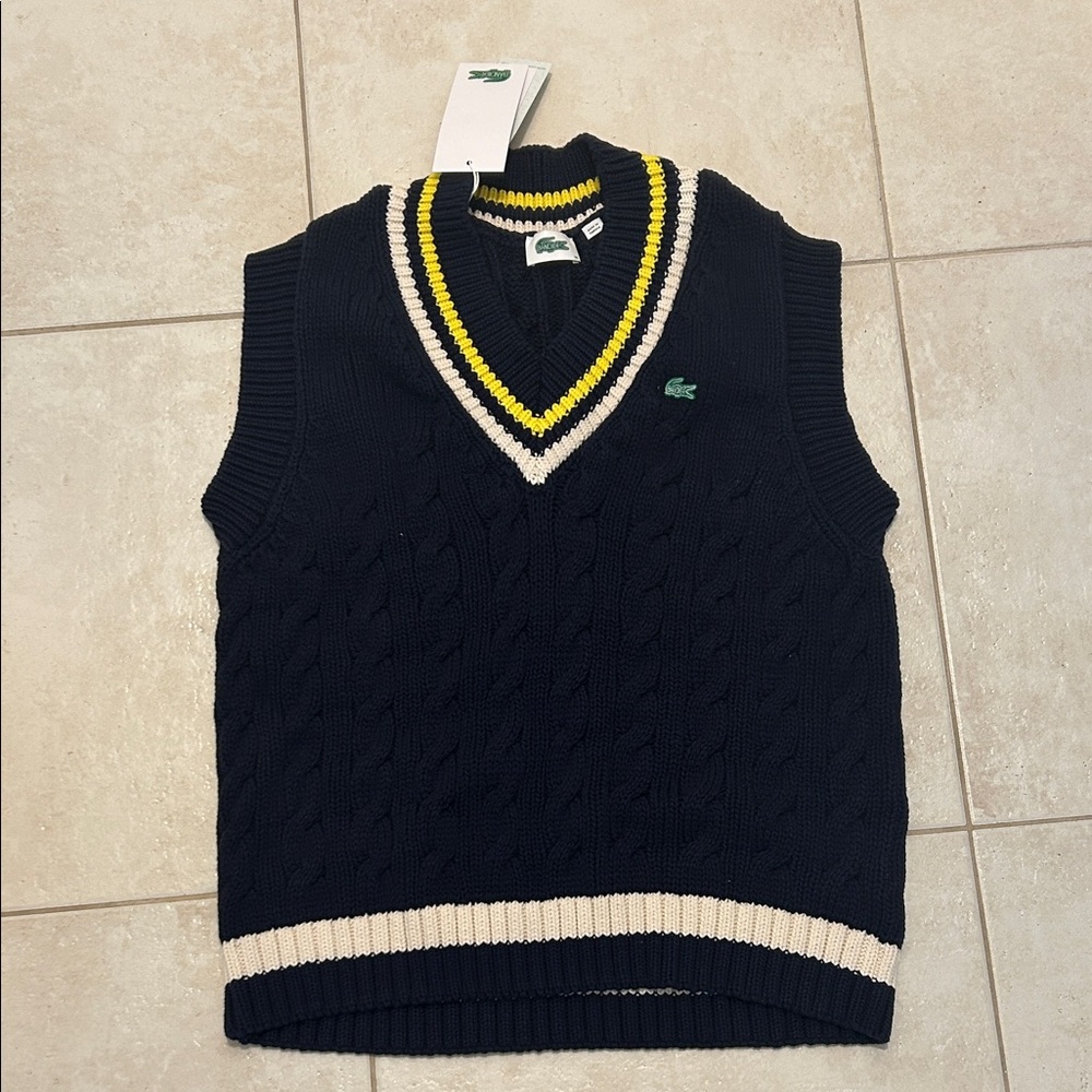 Lacoste Black Cable Knit Sweater Vest with Yellow and Cream Trim